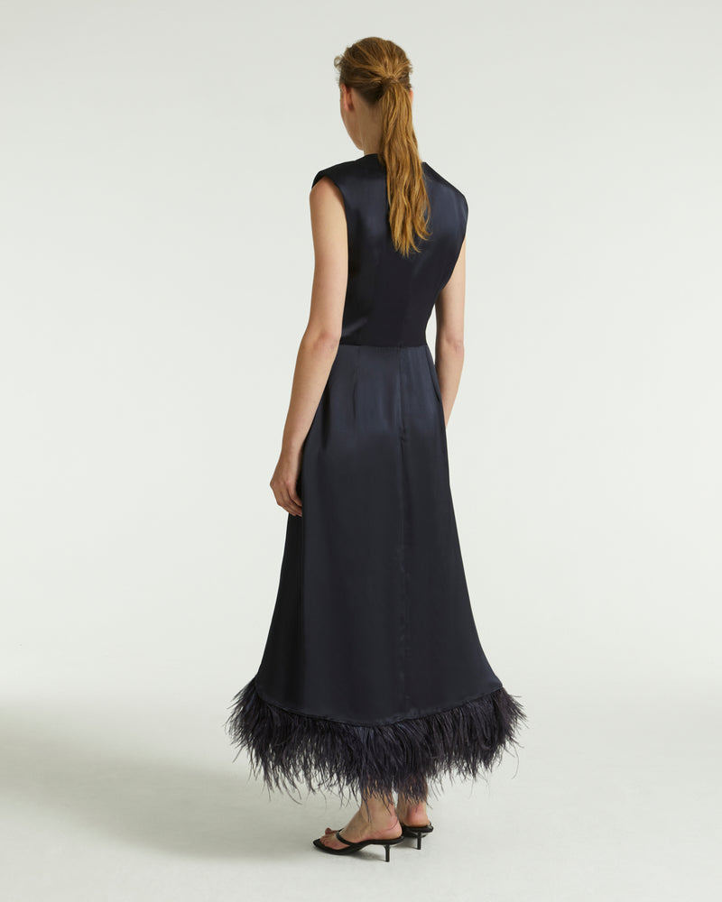 Satin dress with feathers - blue