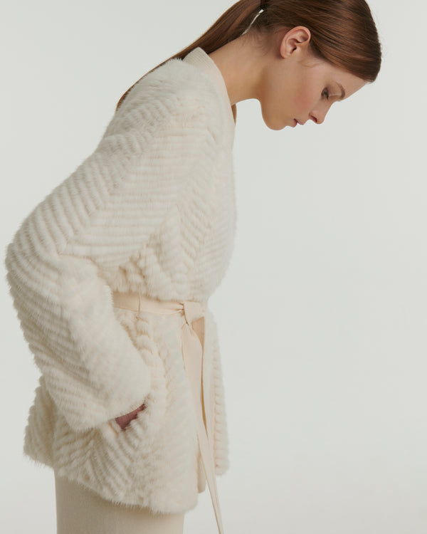 Merino knit and mink cardigan - white
