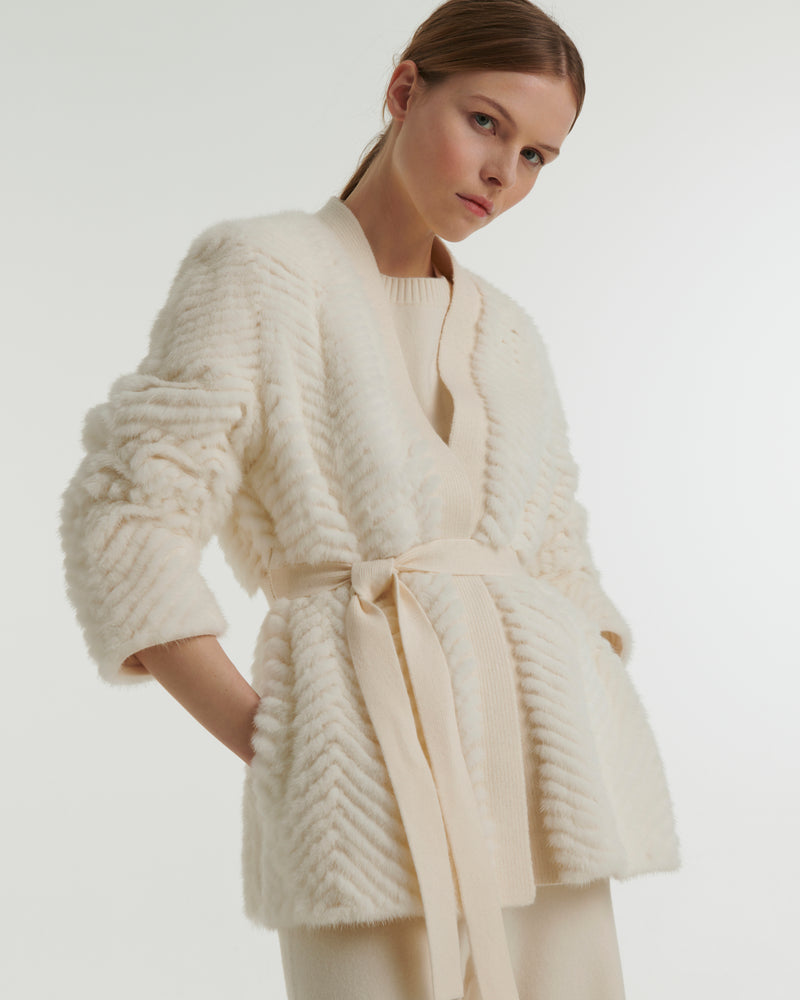 Merino knit and mink cardigan - white