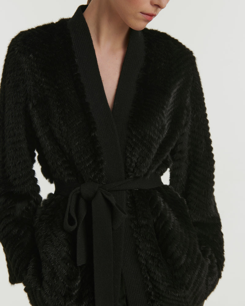Merino knit and mink cardigan - black