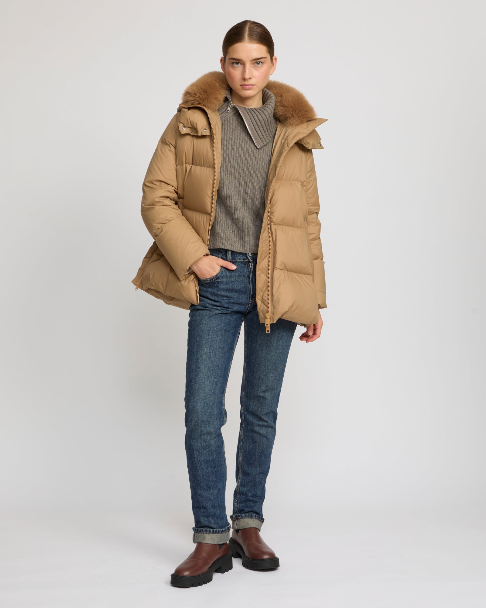 A line down jacket with fox fur - Black - Yves Salomon