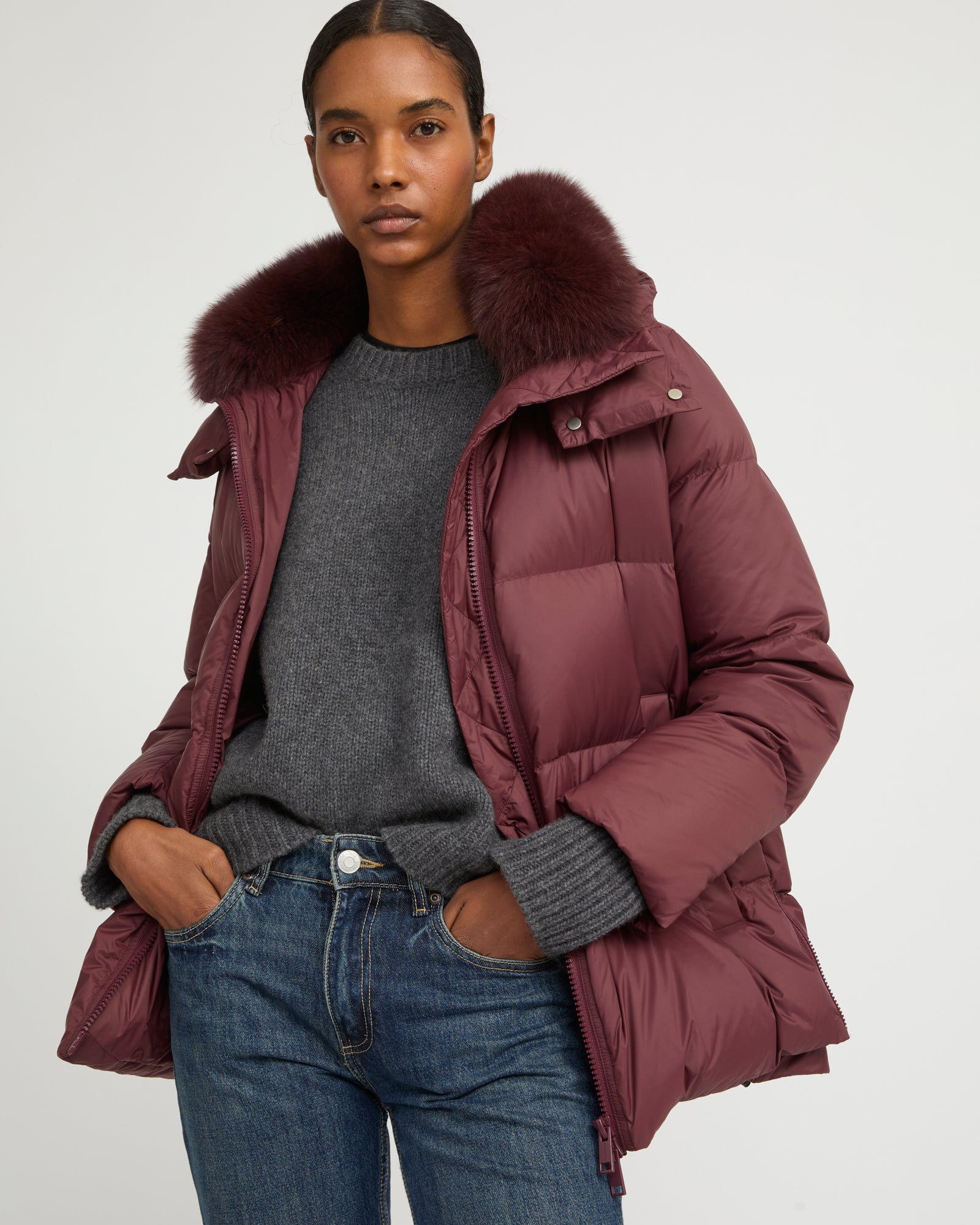 A line down jacket with fox fur - Black - Yves Salomon
