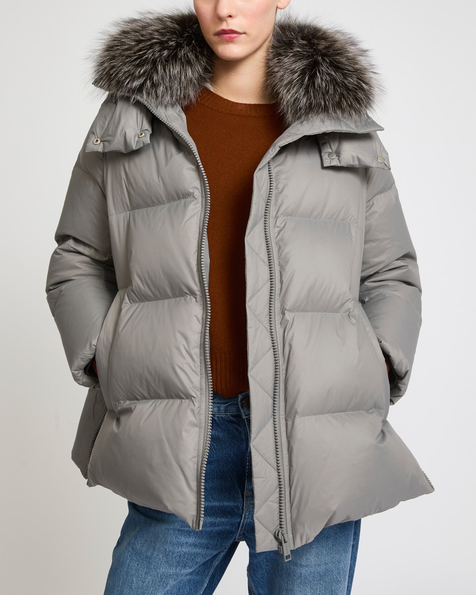 A line down jacket with fox fur collar - Grey - Yves Salomon