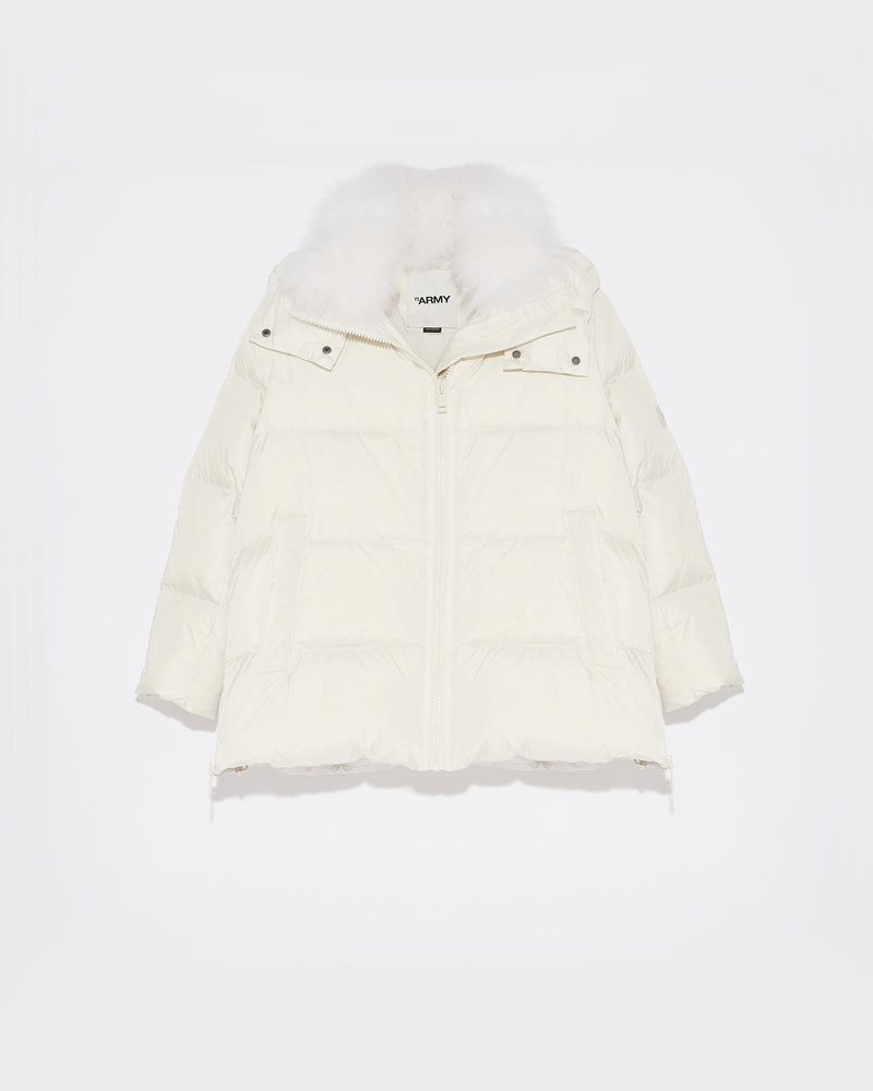 A line down jacket in water-repellent technical fabric with fluffy lambswool collar