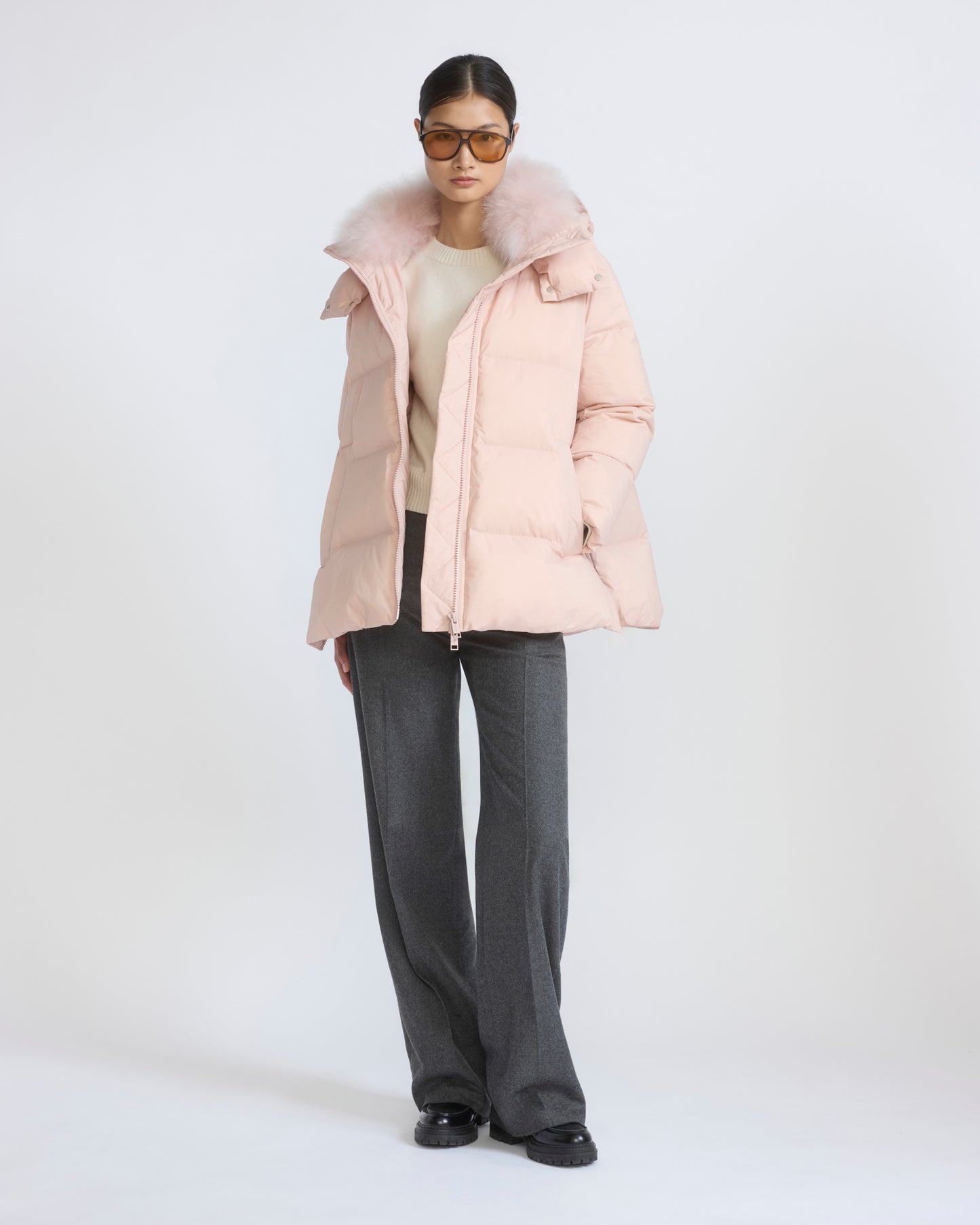 A-line down jacket in waterproof technical fabric with airy lambswool trim