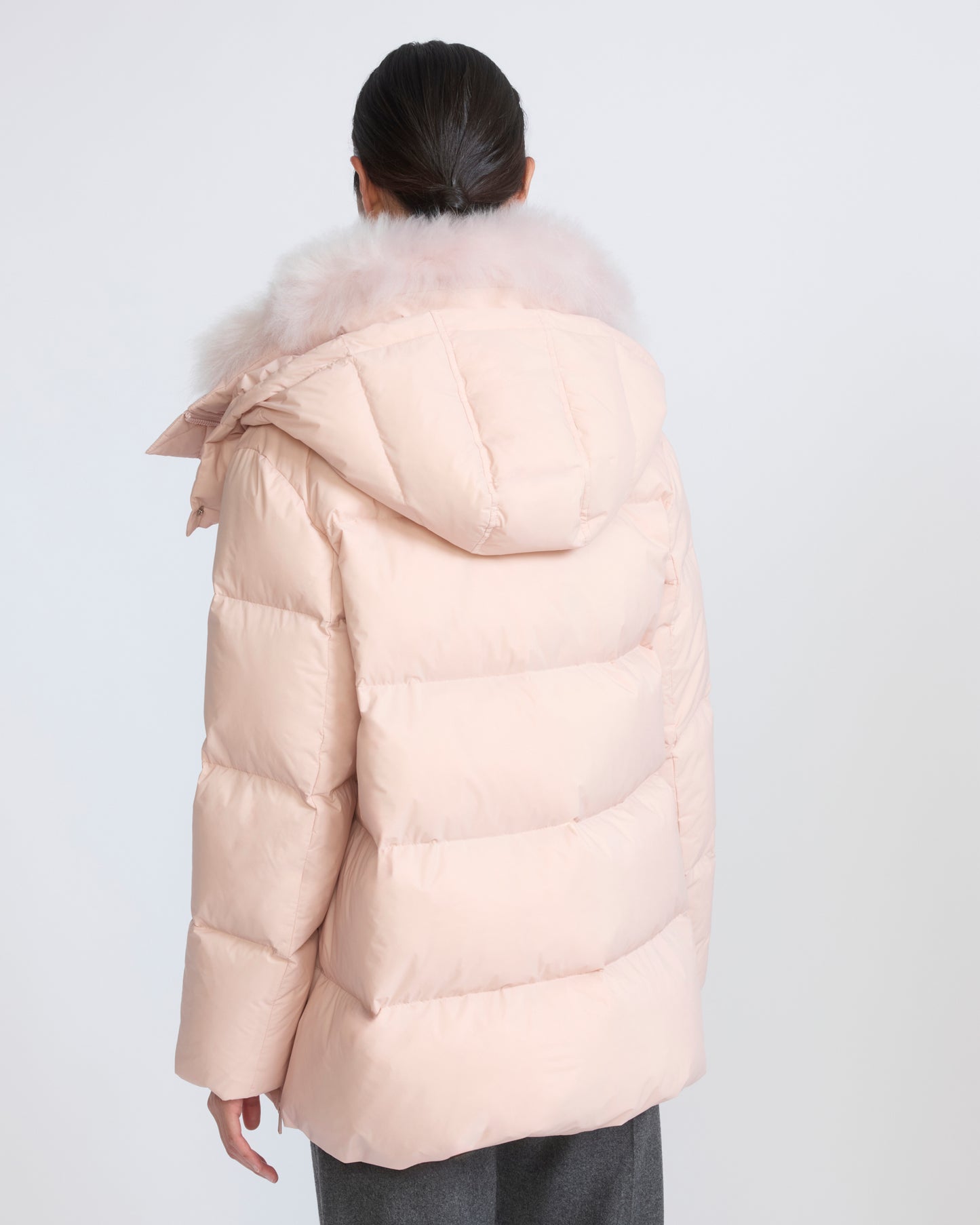 A-line down jacket in waterproof technical fabric with airy lambswool trim