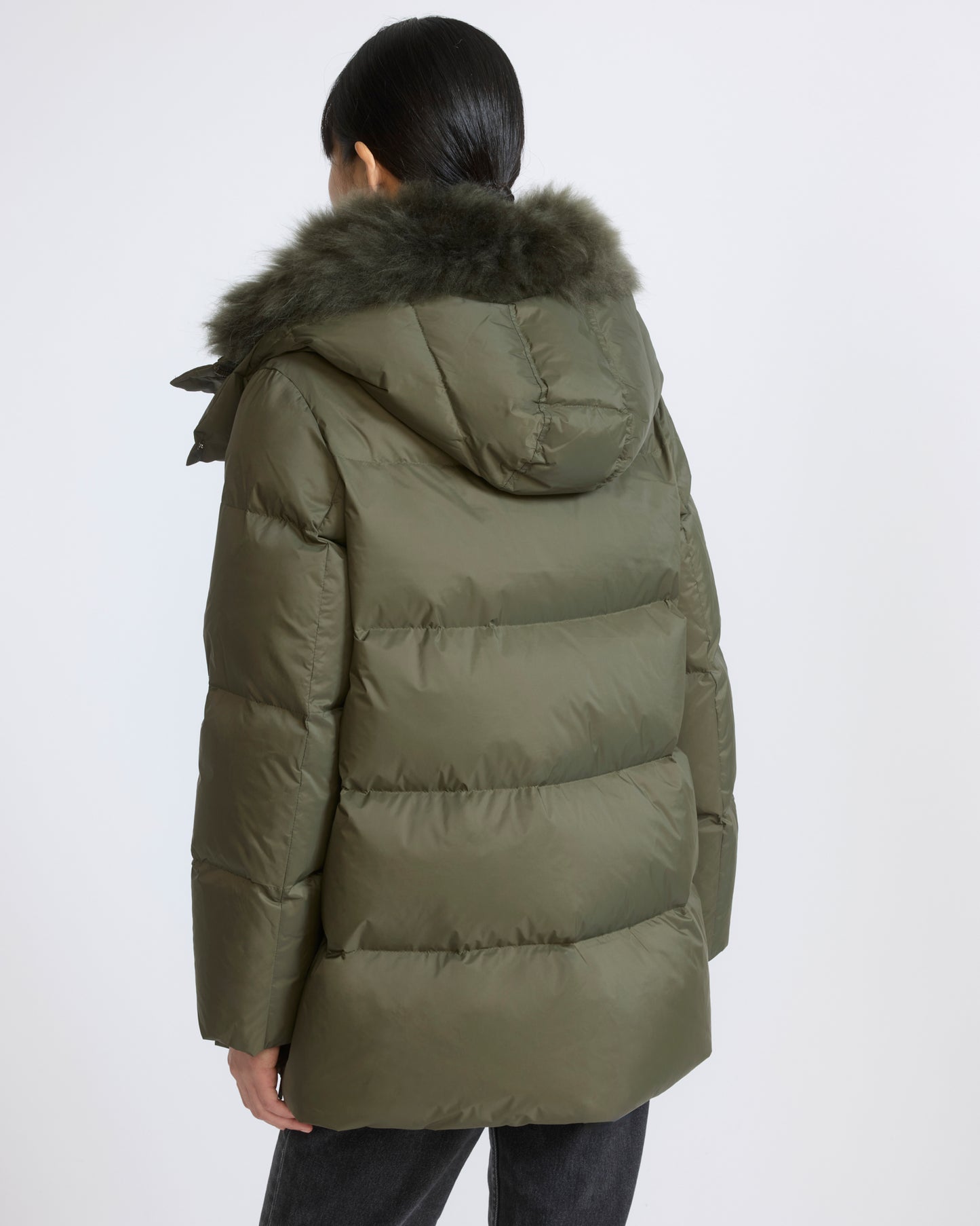A-line down jacket in waterproof technical fabric with airy lambswool trim