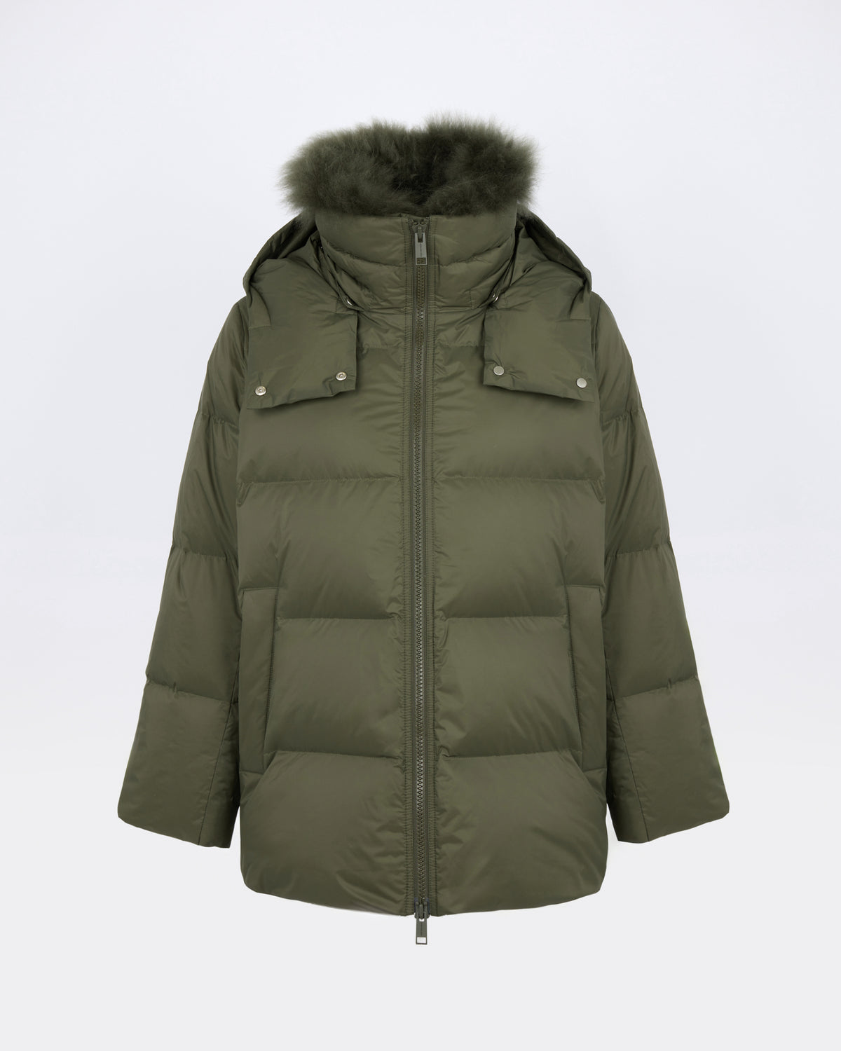 Doudoune "A" line en tissu technique imperméable avec col en agneau laine vaporeuse - Yves Salomon - Nouvelle collection Automne Hiver