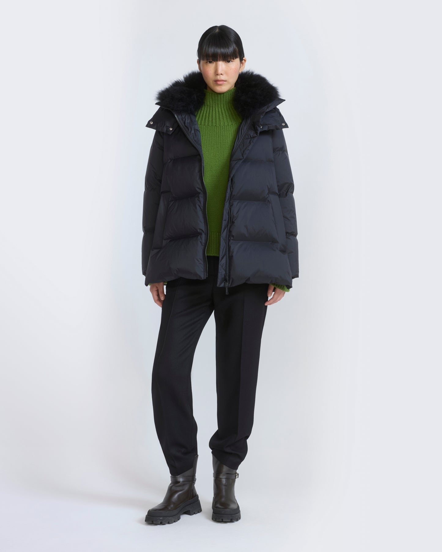 A-line down jacket in waterproof technical fabric with airy lambswool trim