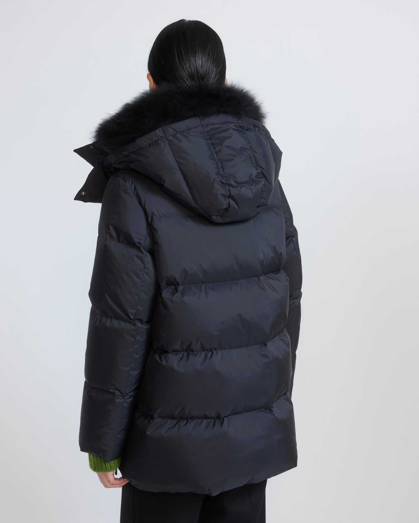 A-line down jacket in waterproof technical fabric with airy lambswool trim