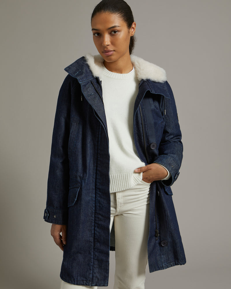 Long parka in cotton denim and shearling