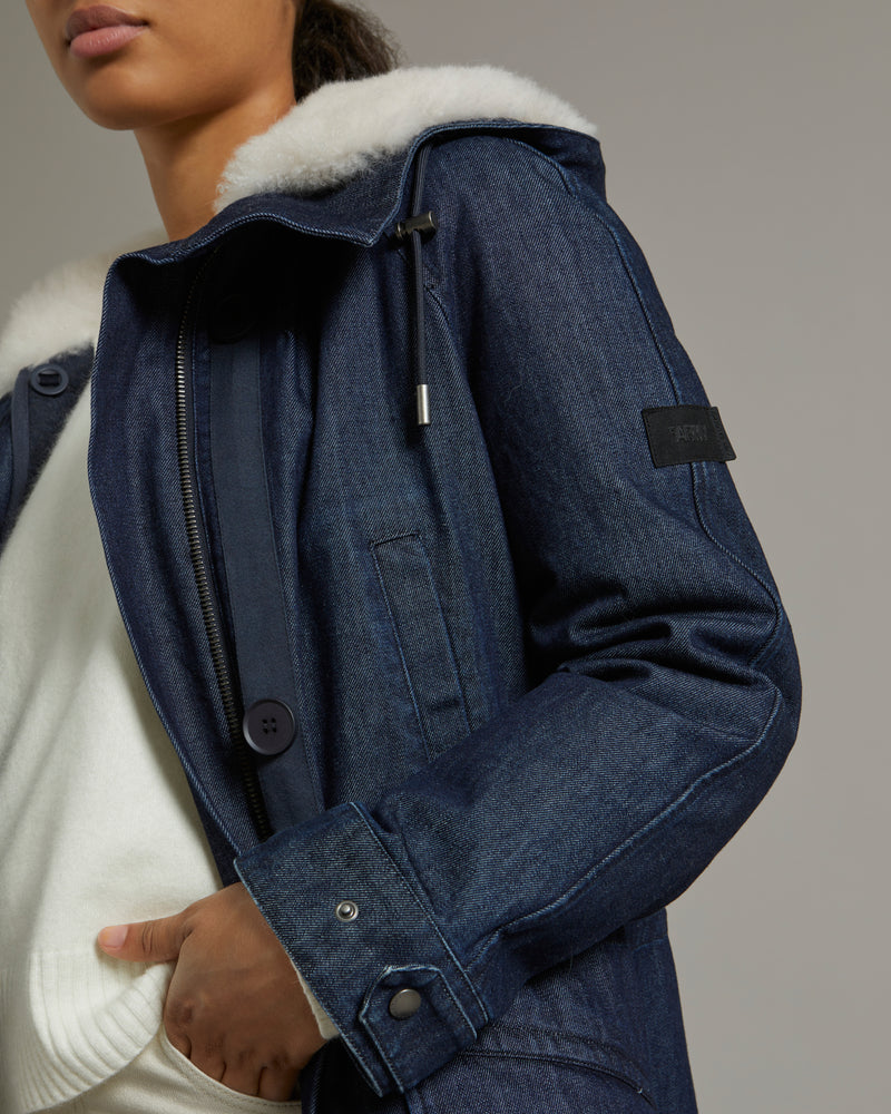 Parka longue en denim de coton et peau lainée