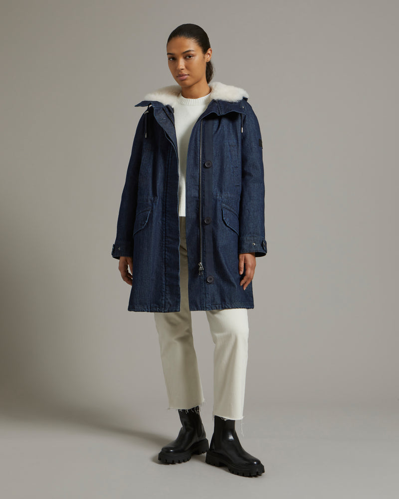 Parka longue en denim de coton et peau lainée