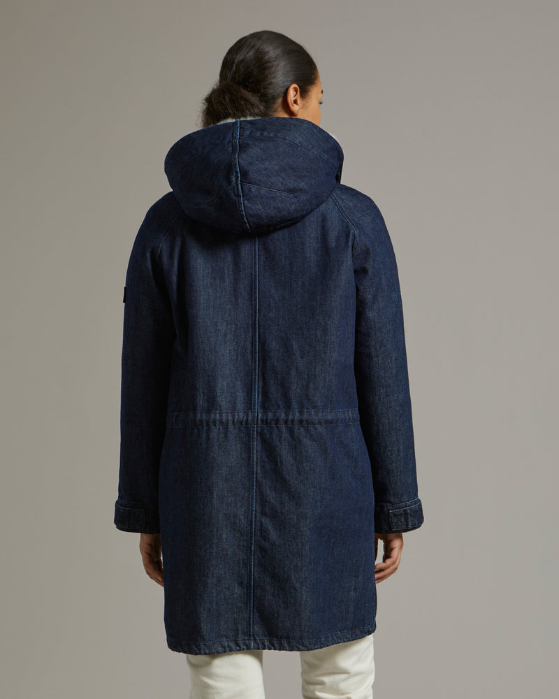 Parka longue en denim de coton et peau lainée
