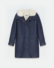 Parka longue en denim de coton et peau lainée