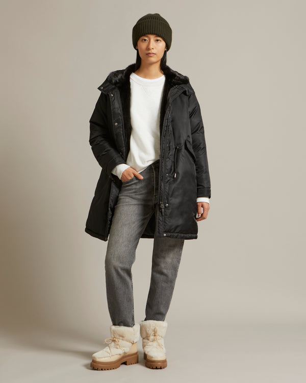 Long parka in bomber fabric with mink fur trim
