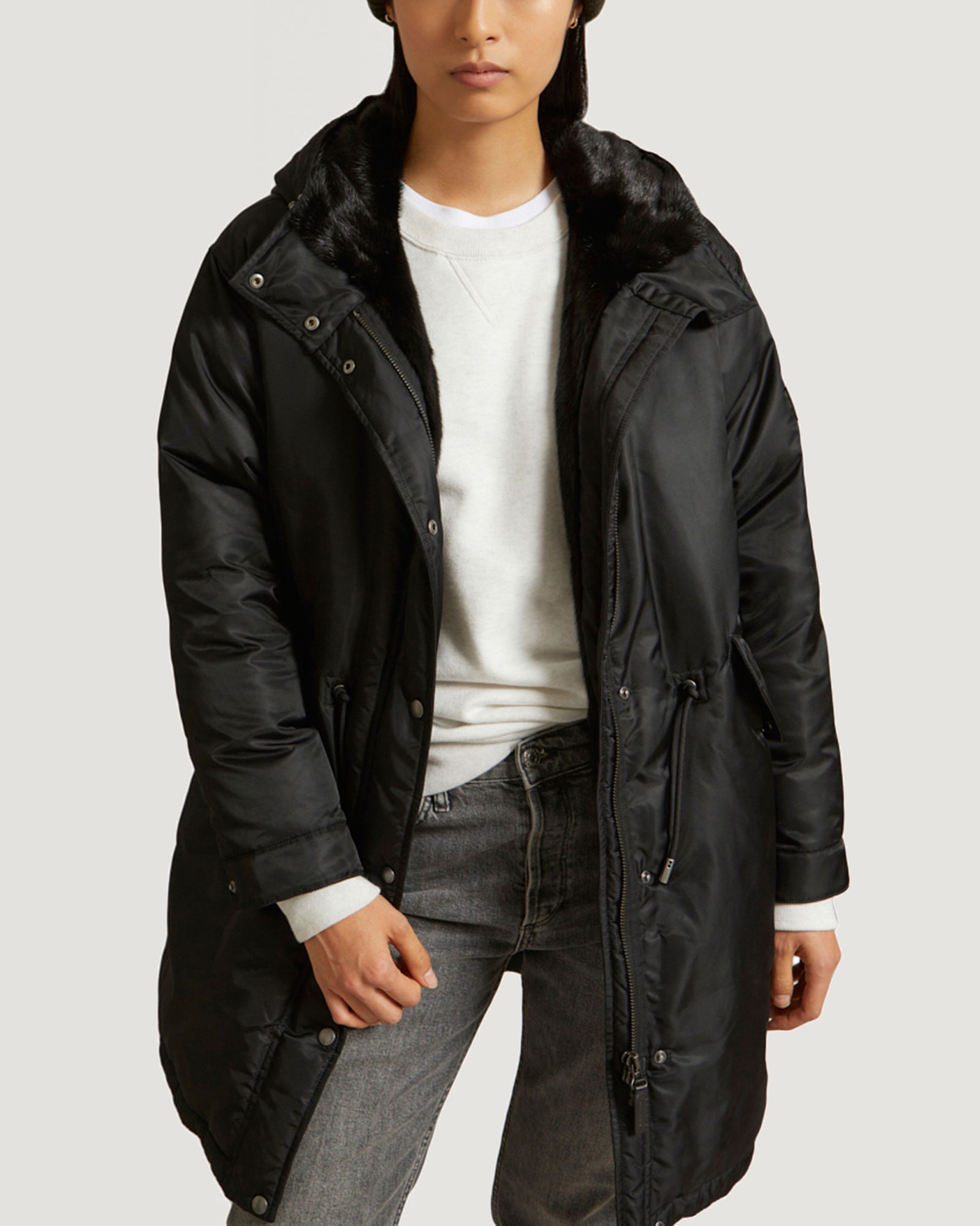 Soldes d'hiver  - Yves Salomon -Parka bomber longue en tissu et fourrure de vison