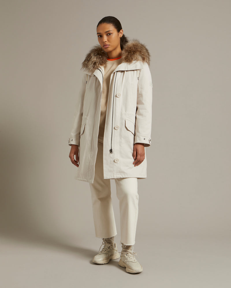 Parka longue en gabardine de coton et capuche en agneau