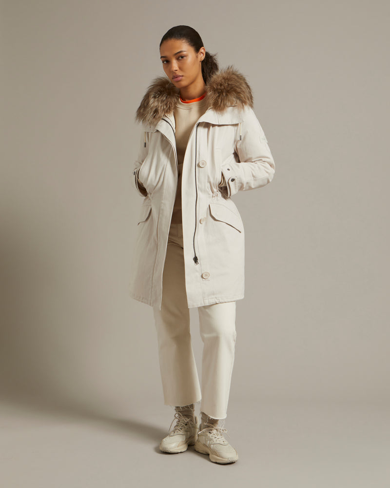 Parka longue en gabardine de coton et capuche en agneau