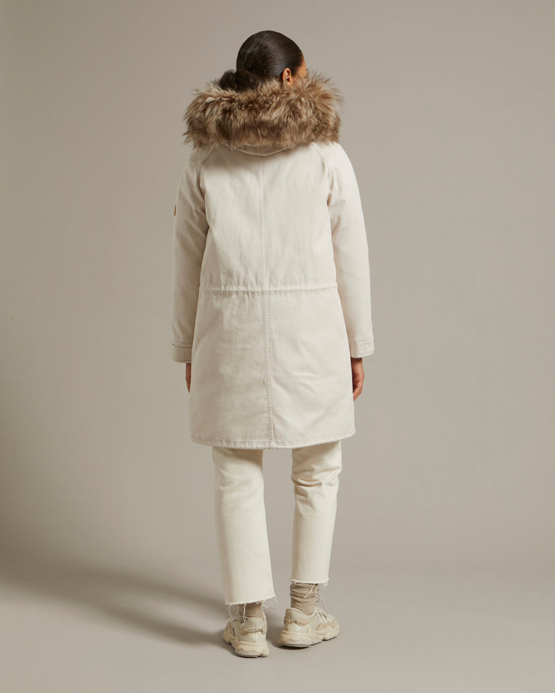 Parka longue en gabardine de coton et capuche en agneau