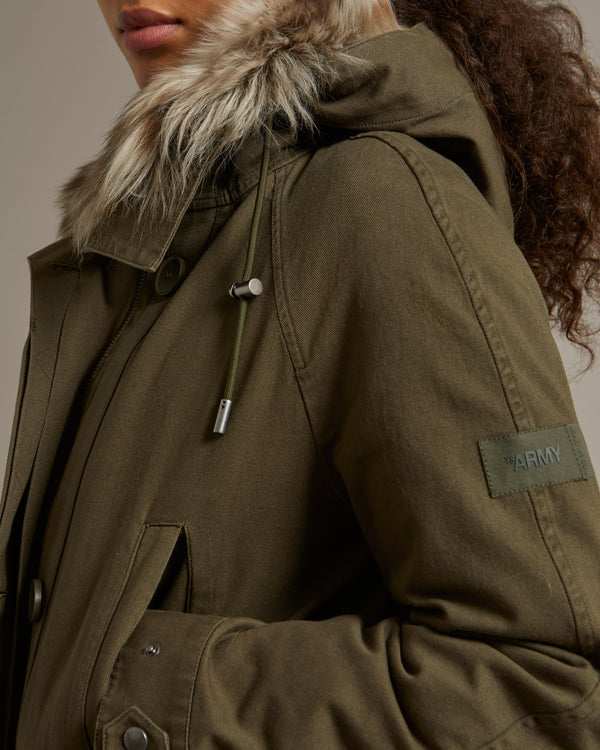Parka longue en gabardine de coton et capuche en agneau