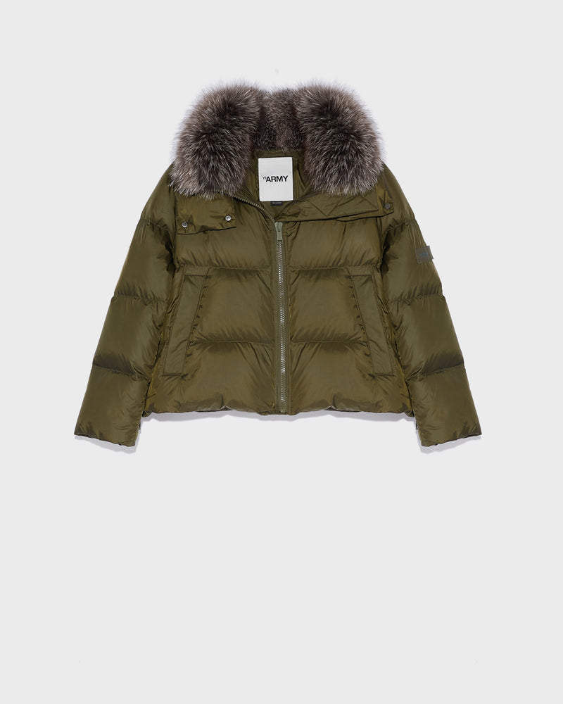 Short "A" line down jacket in water-repellent technical fabric with fox fur collar