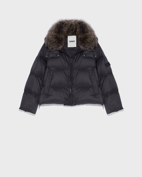 Short "A" line down jacket in water-repellent technical fabric with fox fur collar