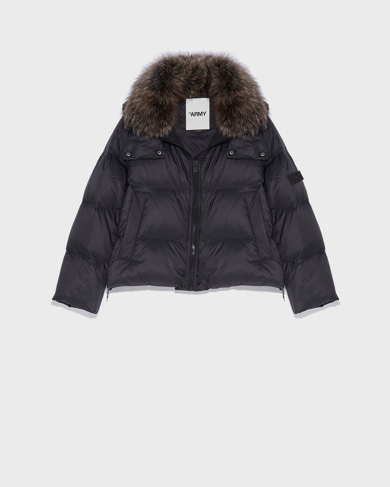 Short "A" line down jacket in water-repellent technical fabric with fox fur collar