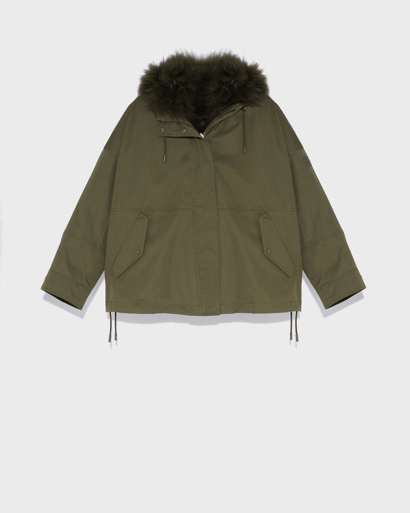 Cropped reversible parka in weather-resistant technical fabric and fluffy lambswool