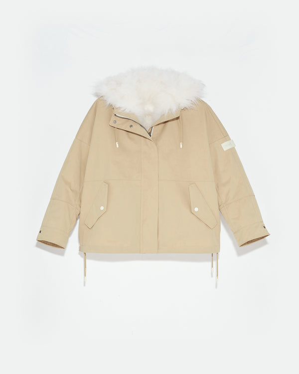 Cropped reversible parka in weather-resistant technical fabric and fluffy lambswool