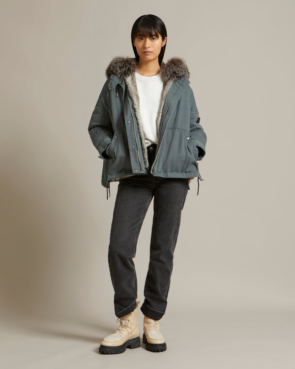 Parka boxy en gabardine de coton avec fourrure de renard et lapin