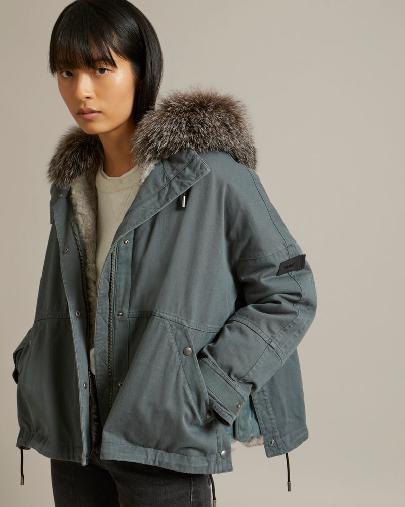 Parka boxy en gabardine de coton avec fourrure de renard et lapin