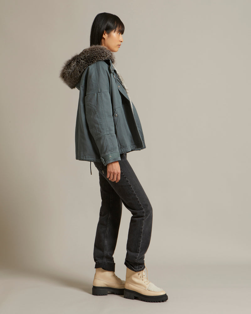 Parka boxy en gabardine de coton avec fourrure de renard et lapin