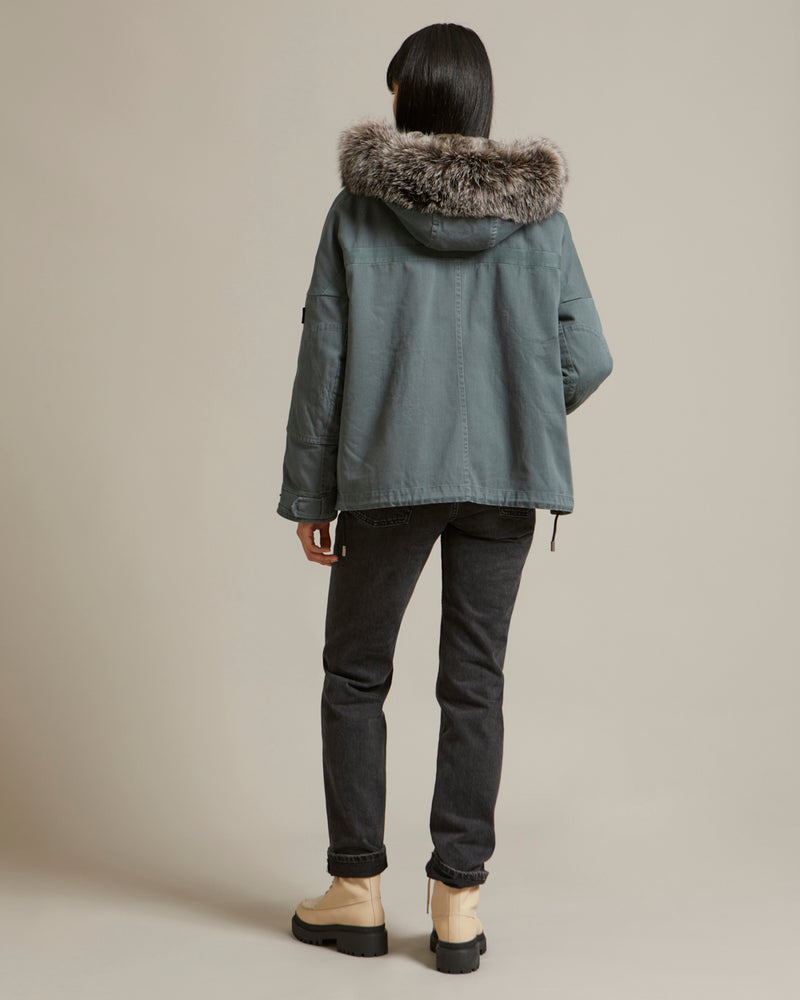 Parka boxy en gabardine de coton avec fourrure de renard et lapin