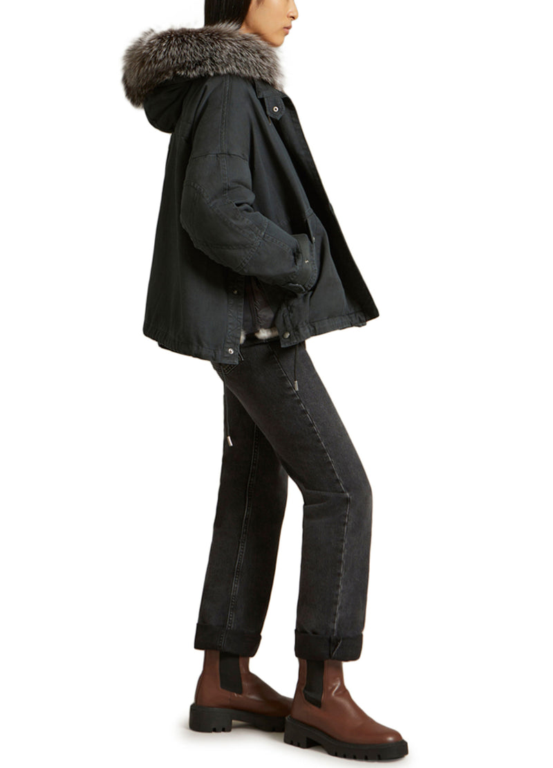 Parka boxy en gabardine de coton avec fourrure de renard et lapin