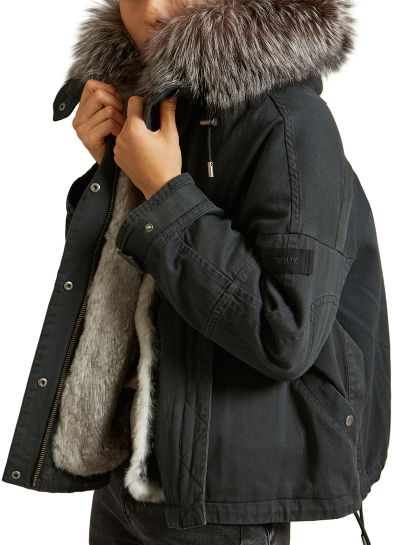 Parka boxy en gabardine de coton avec fourrure de renard et lapin