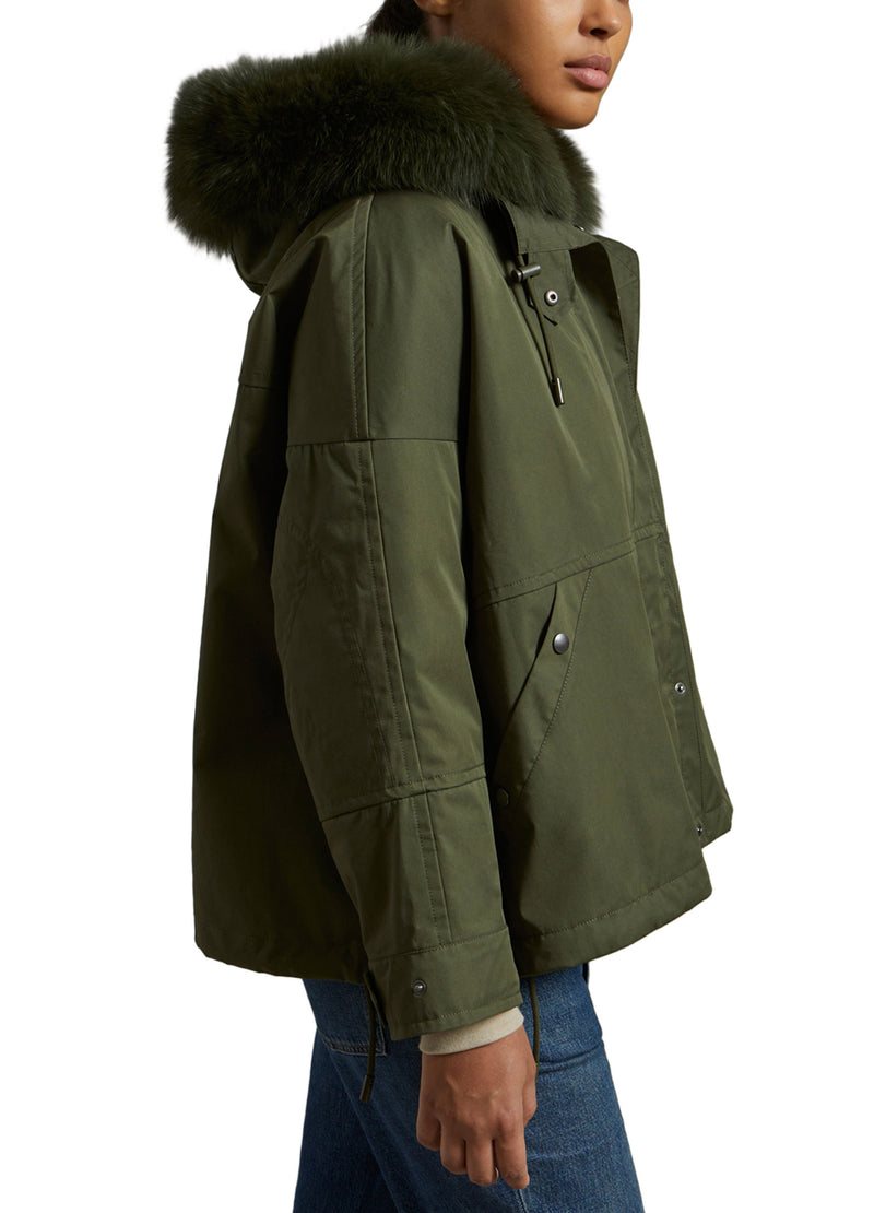 Parka boxy en tissu technique impermeable avec fourrure de renard et lapin kaki Yves Salomon