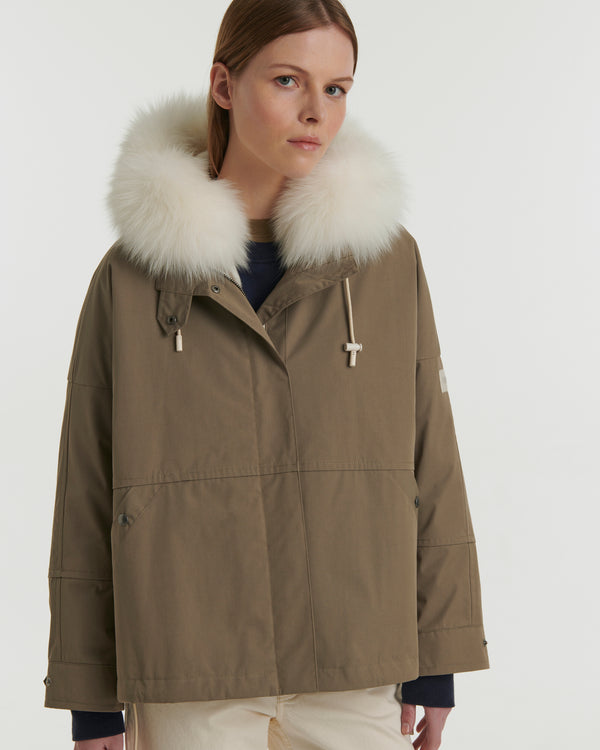 Cropped parka in waterproof technical fabric with fox and rabbit fur