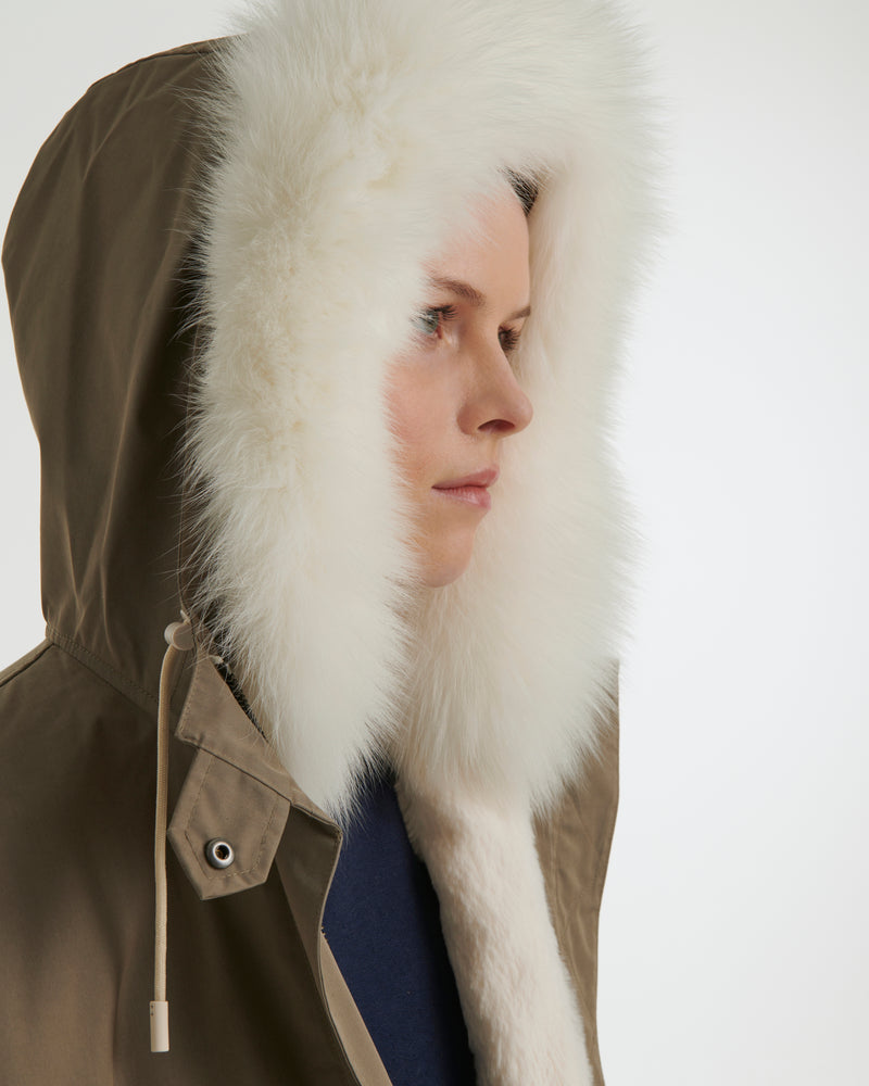 Cropped parka in waterproof technical fabric with fox and rabbit fur