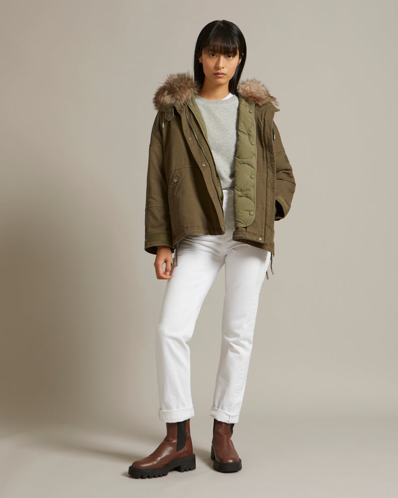 Parka boxy en gabardine de coton et capuche en agneau
