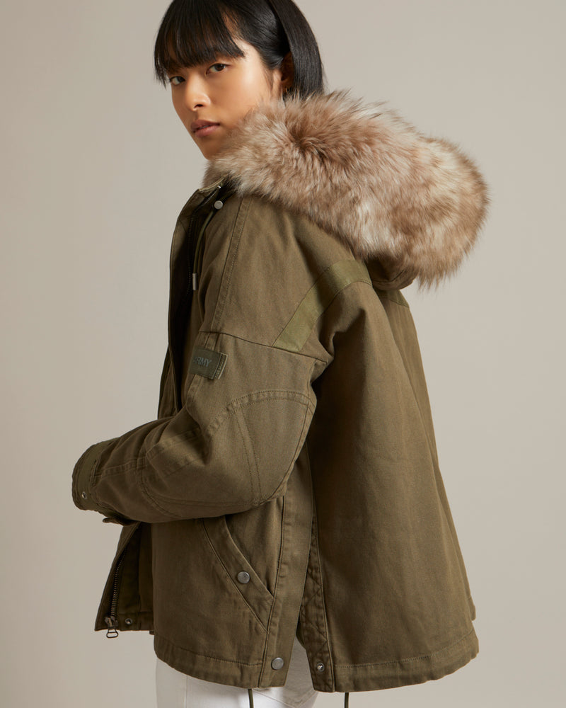 Parka boxy en gabardine de coton et capuche en agneau