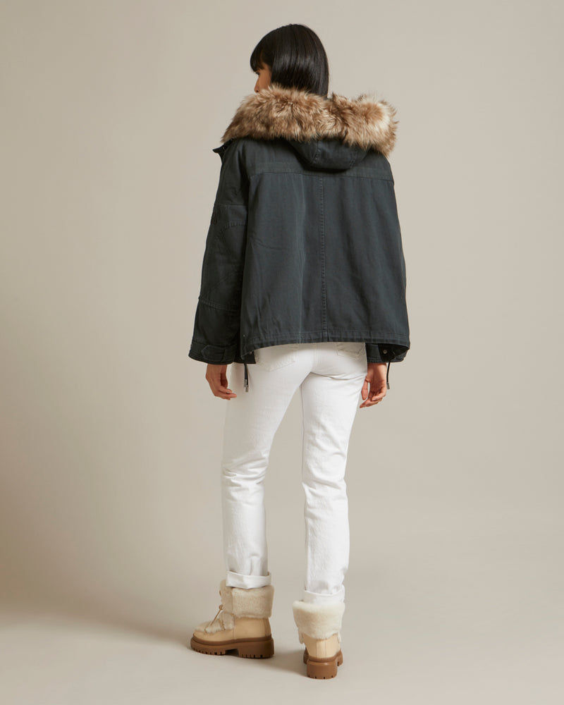 Parka boxy en gabardine de coton et capuche en agneau