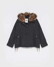 Parka boxy en gabardine de coton et capuche en agneau