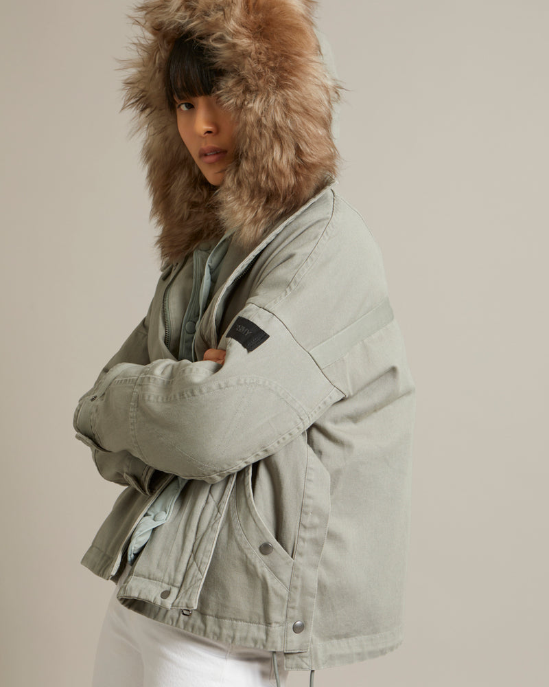 Parka boxy en gabardine de coton et capuche en agneau