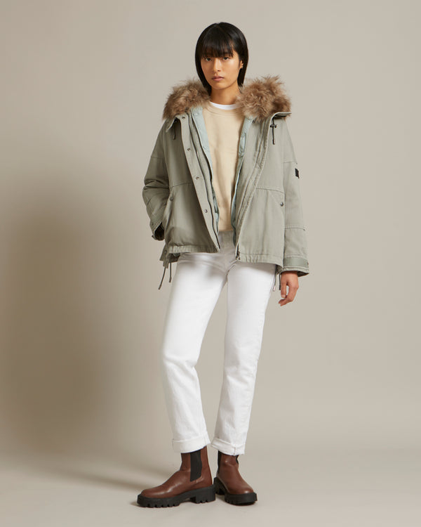 Parka boxy en gabardine de coton et capuche en agneau