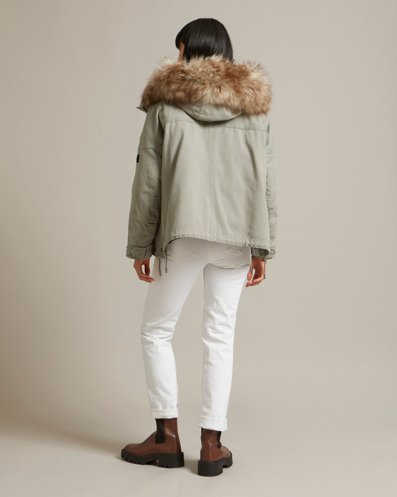 Parka boxy en gabardine de coton et capuche en agneau