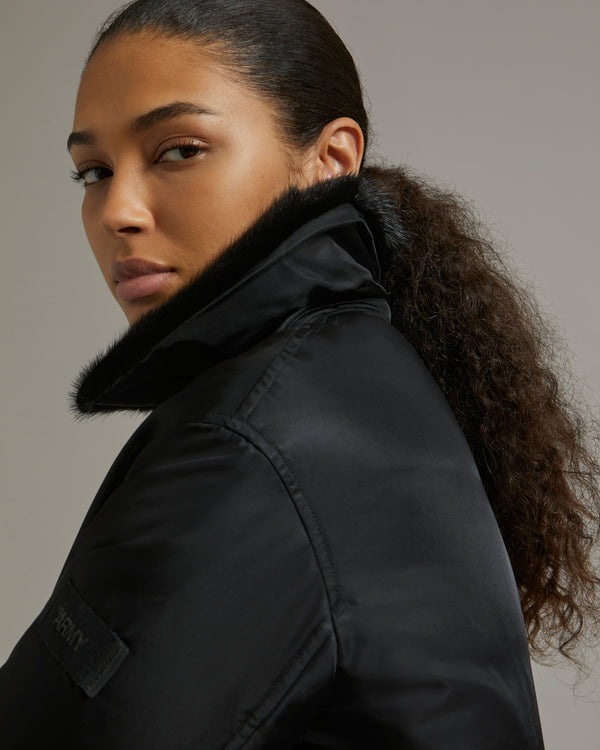 Jacket in water-repellent technical fabric with mink fur trim