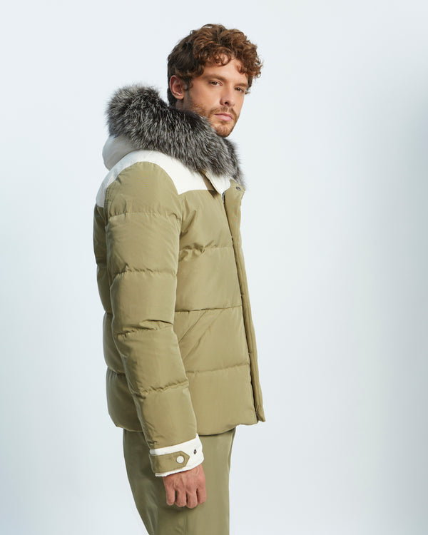 Colour-Block Skiwear Down Jacket With Fox Fur Trim