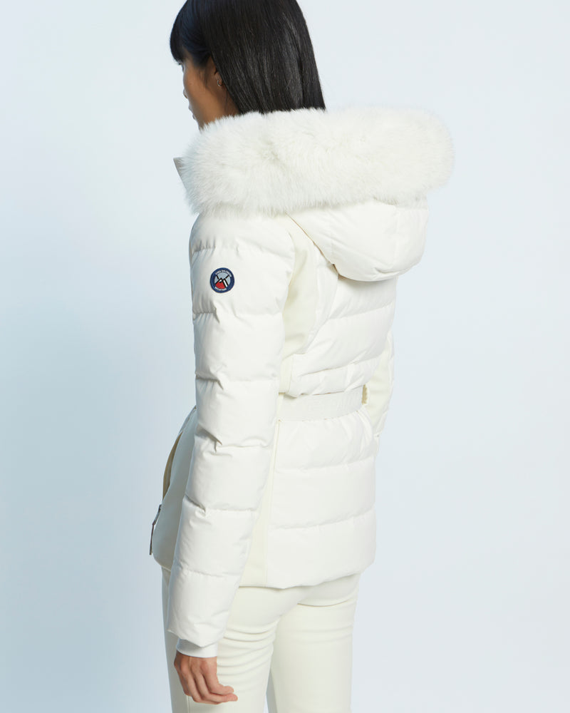 mixed fabric belted skiwear jacket with fox fur trim