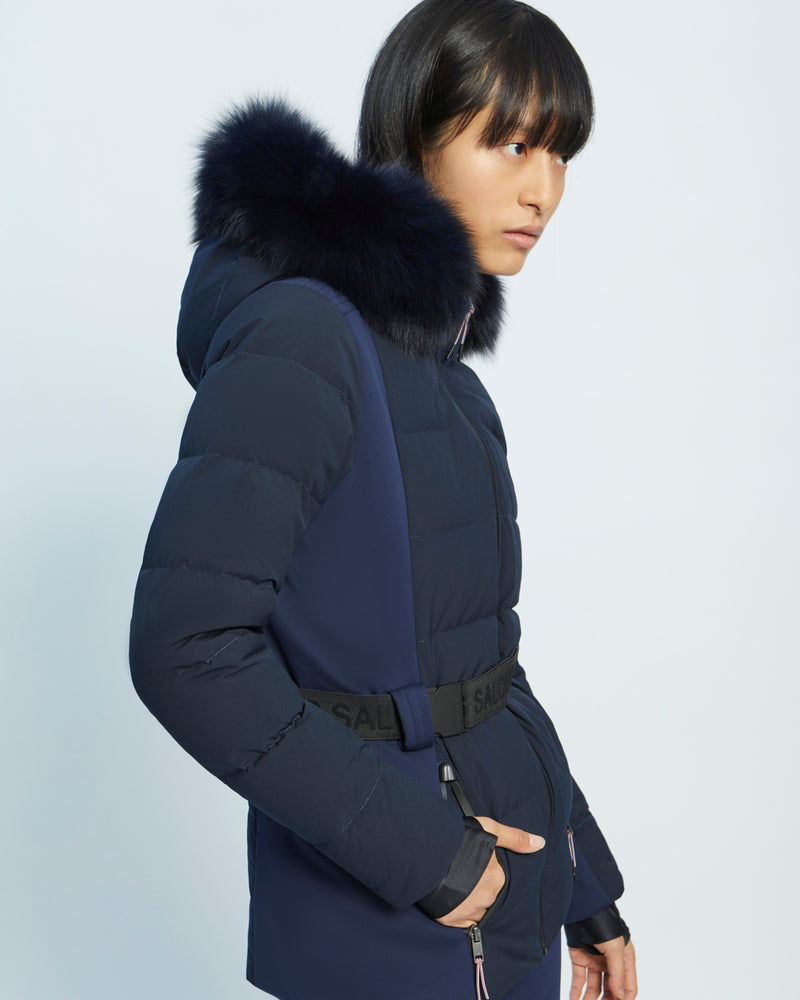 mixed fabric belted skiwear jacket with fox fur trim